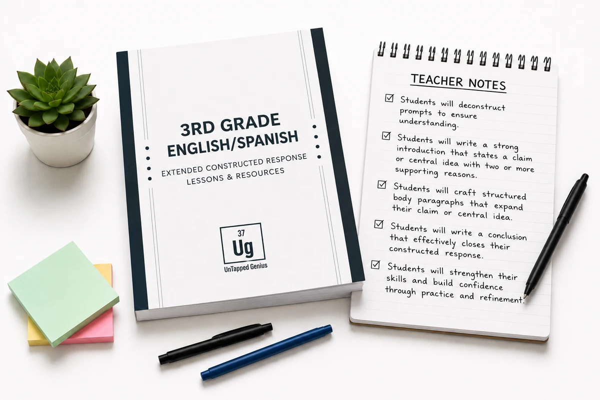 A written-response instructional guide and notes spread across a teacher planning desk