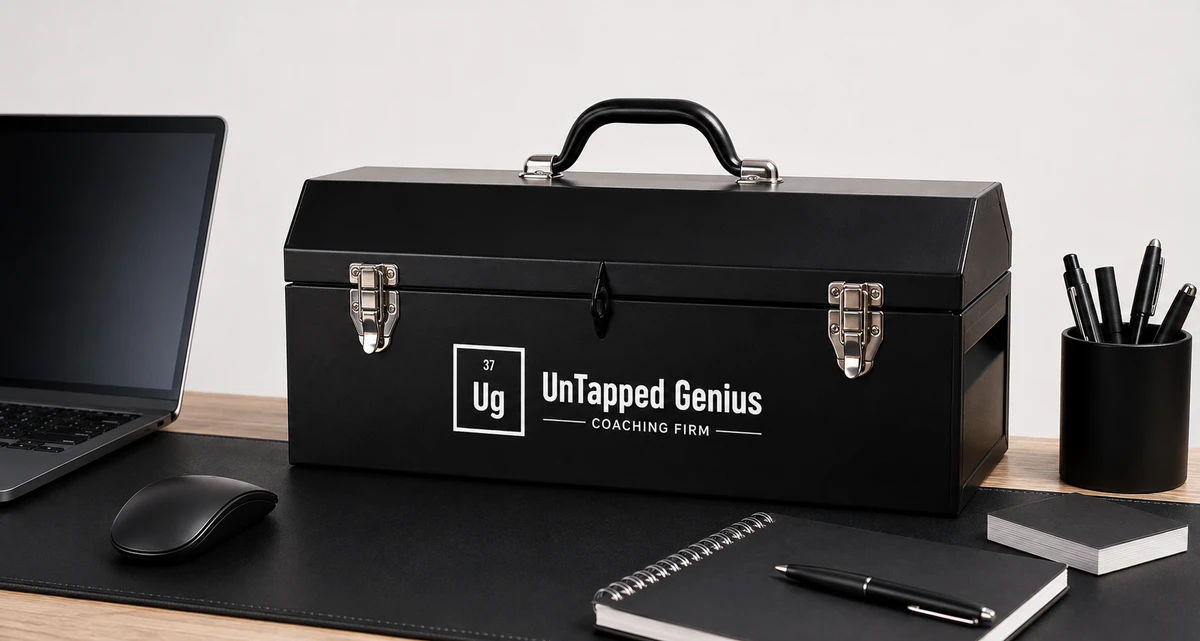 UnTapped Genius branded toolbox on a desk beside a laptop and notebook