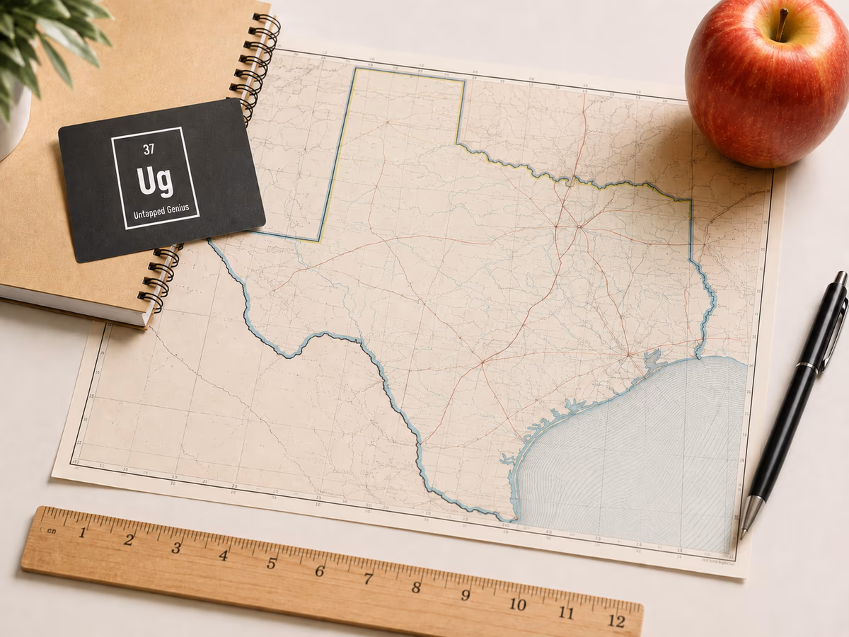 A map of Texas with an UnTapped Genius branded card, styled with a notebook, apple, ruler, and pen