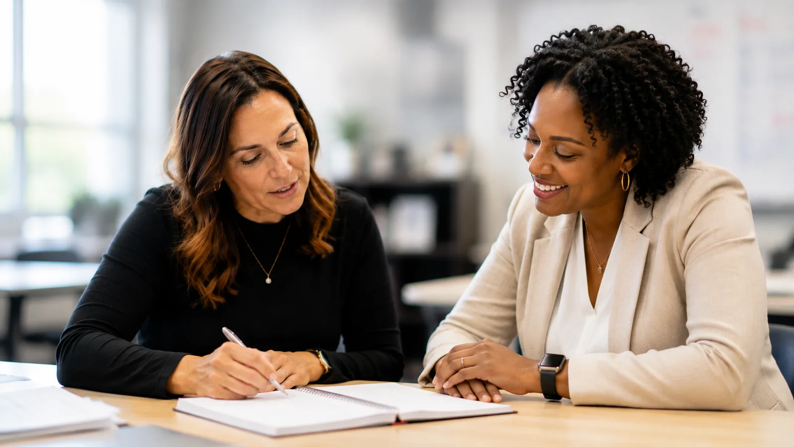 Two campus leaders reviewing notes together during a coaching conversation