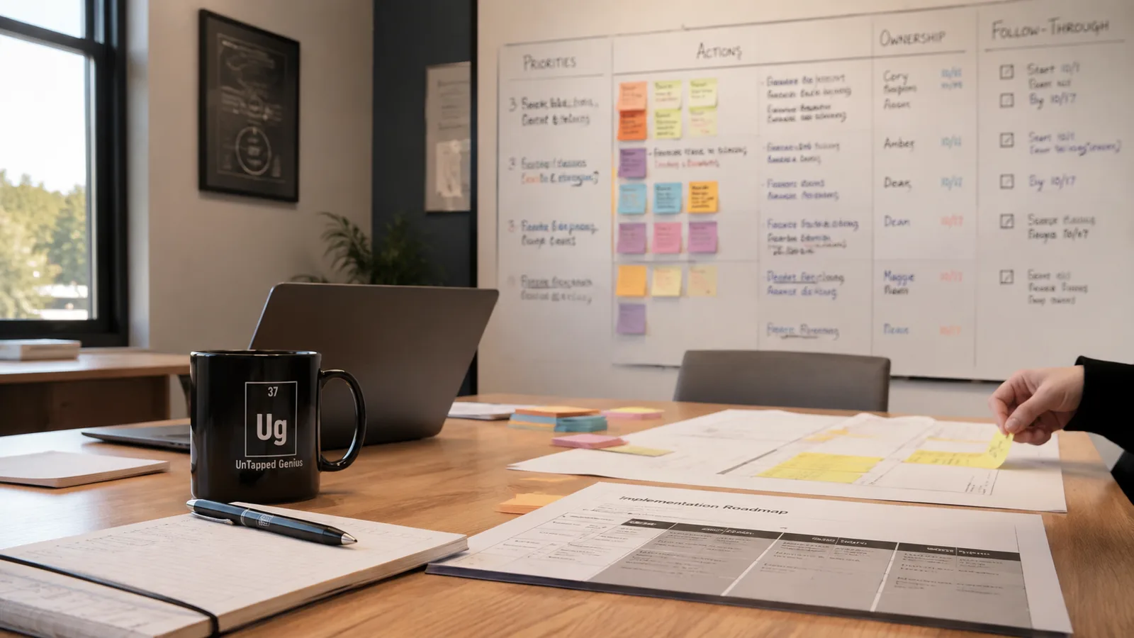 A team planning session with priorities, actions, and ownership mapped on a whiteboard and an implementation roadmap printout on the table